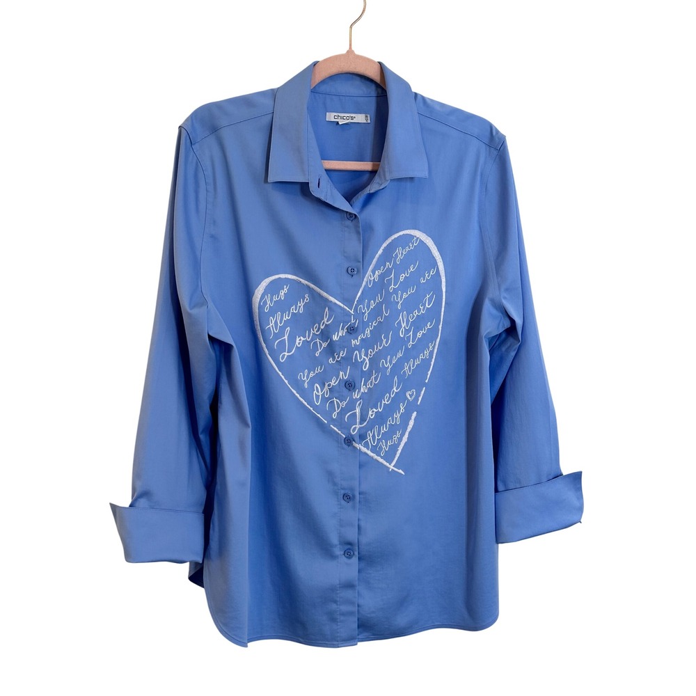 Chicos Embroidered Heart Button Down Shirt Size 2.5 US 14 3/4‎ Sleeve Love Hugs